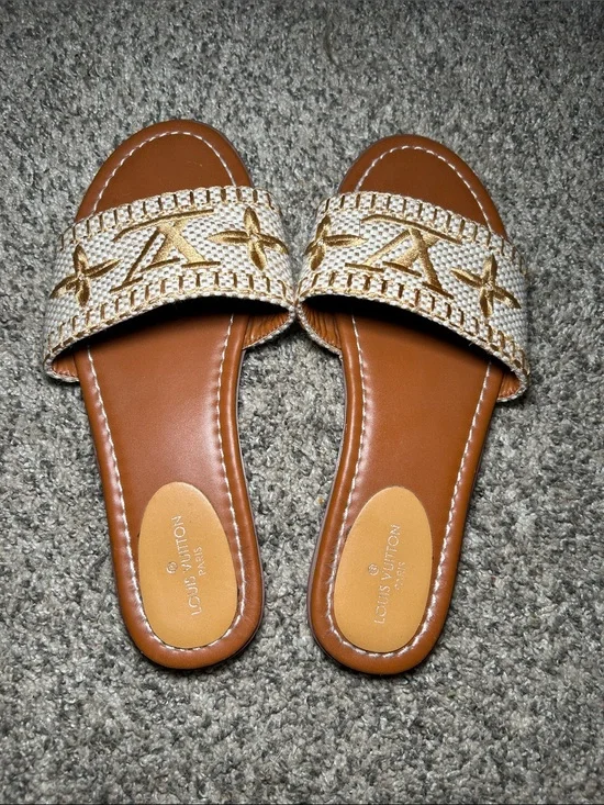 Louis Vuitton Lock It Flat Mules Raffia Monogram Slides Sandals  Size 40