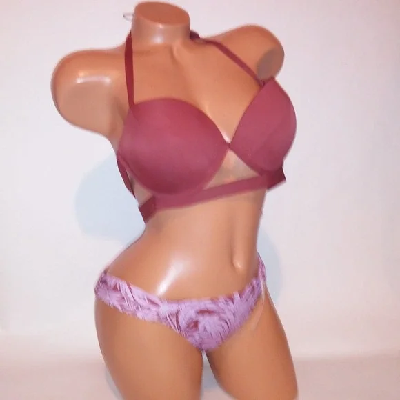 Victoria Secret Swim Bikini 36C Top Medium Bottom Purple Ginger Push Up Floral