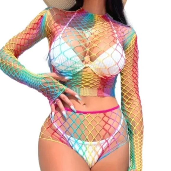Multicolor Mesh Two Piece Bikini Coverup