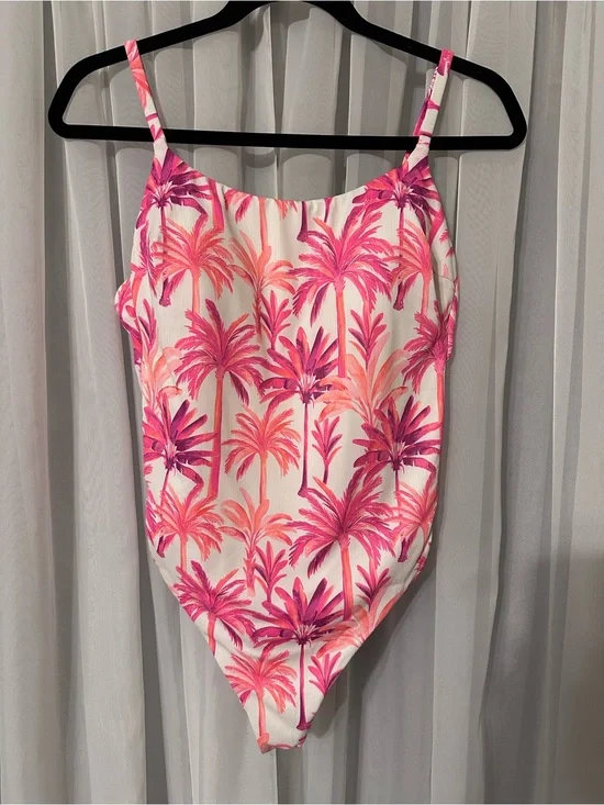 Shade & Shore Pink Tropical Palm Print One-Piece Swimsuit Size L