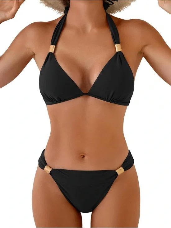 Black Halter Bikini Set with Gold Rings
