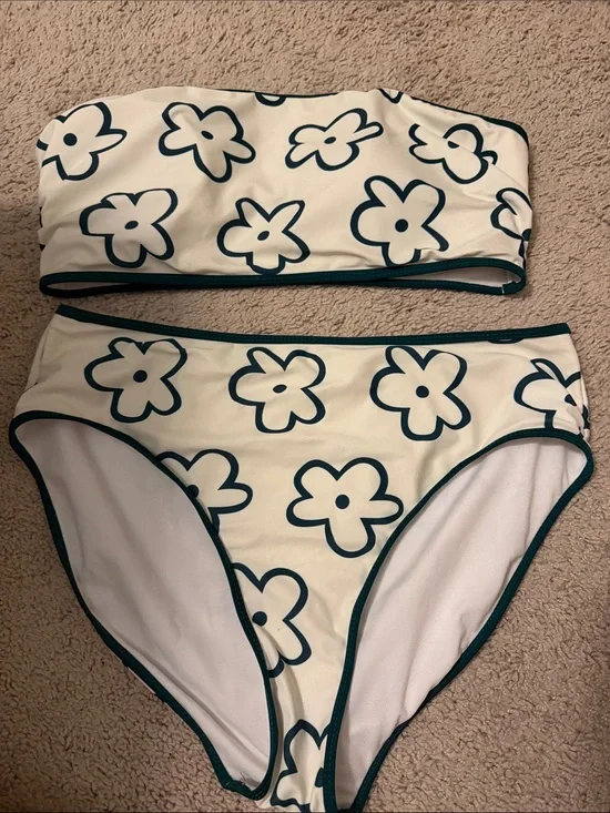 Floral Bandeau Bikini Set in Cream with Dark Green Trim