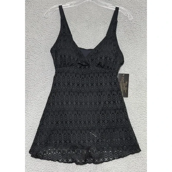 ALISHA LEVINE Crochet Swim Dress Padded Bra Black Swimsuit Size 10 NEW