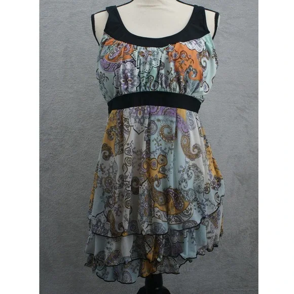 Boho Paisley Tiered Ruffle Swim Dress Tankini Top Multi Color XL