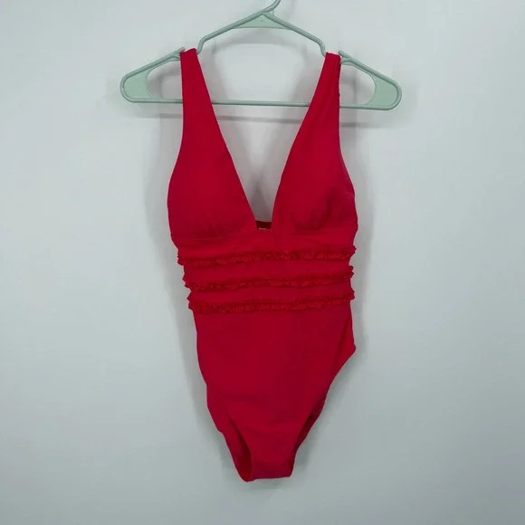 Mimi Flamingo One Piece Swimsuit Womens Size 8 PInkish Red Ruffle V-Neck NWT