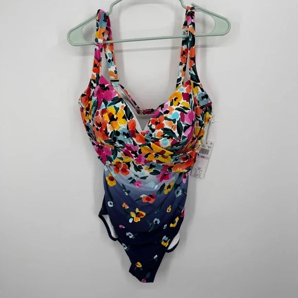 Anne Cole One Piece Swimsuit Women 22W Multi Floral Twist Front Ombre 25PO07214