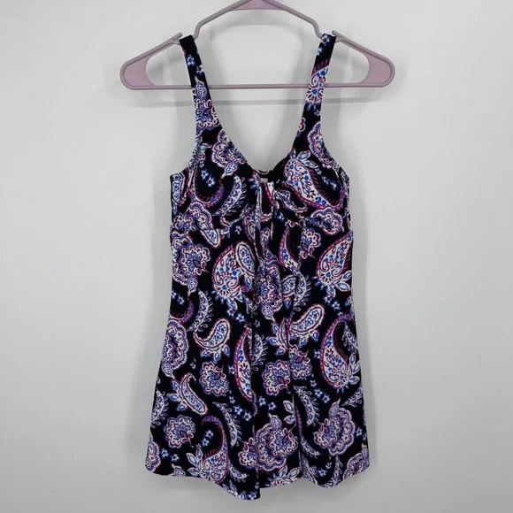 Swim Solutions Bow Front Swim Dress Womens 10 Black Multi Paisley Floral 807095