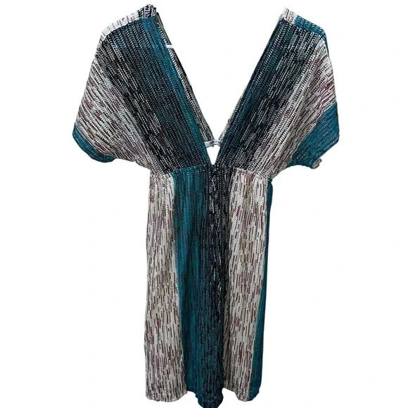 Paradise USA Open Knit‎ Turquoise, Black, Tan Beach Coverup Women's Size Medium