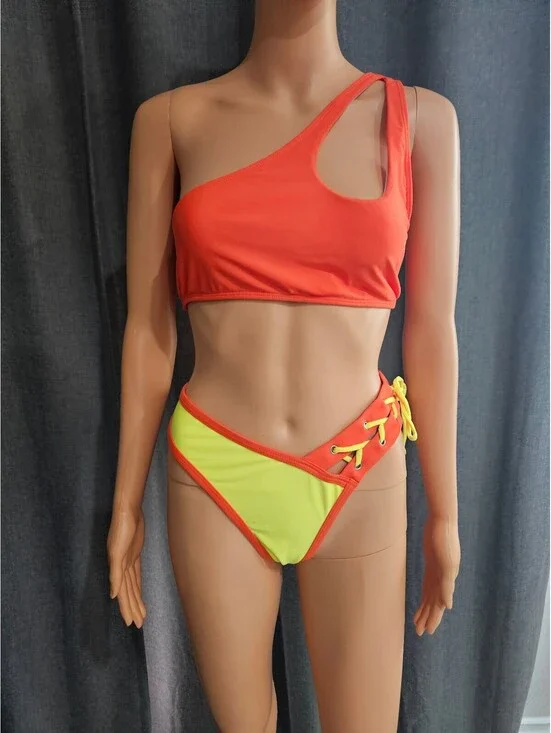 Two-Tone Orange and Yellow One-Shoulder Lace-Up Bikini Set Size 1X
