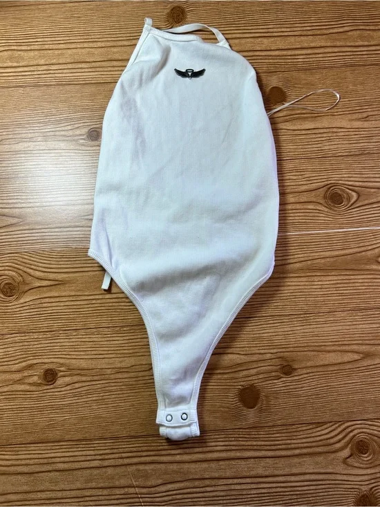 Women’s White Halter Neck Ribbed One-Piece Bodysuit Snap Crotch Logo Strap