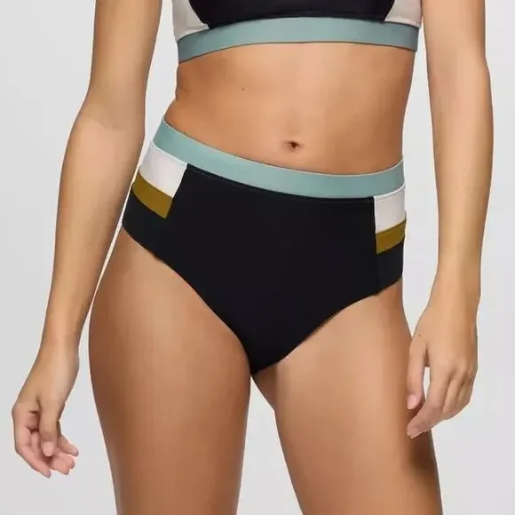 Prana Baja Bound High Rise Swim Bottom Womens L Black Colorblock Quick Dry Brief