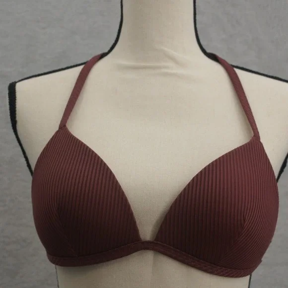 Pink Victoria's Secret Burgundy Ribbed Halter Triangle Bikini Top Size M Maroon