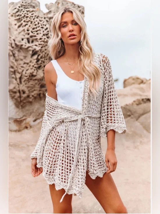 VICI Crochet Open Knit Beach Cover Up Cardigan Tie Front NWOT