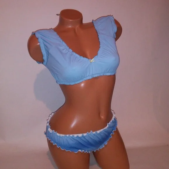 Victoria Secret Swim Bikini Medium Top Large Bottom Ruffle Blue Scrunch Wireless