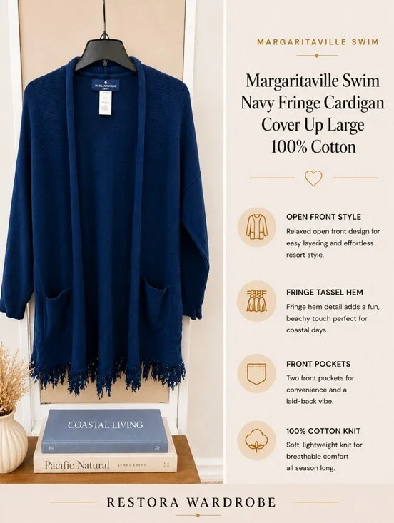 Margaritaville Navy Cotton Fringe Swim Cover Up Cardigan L