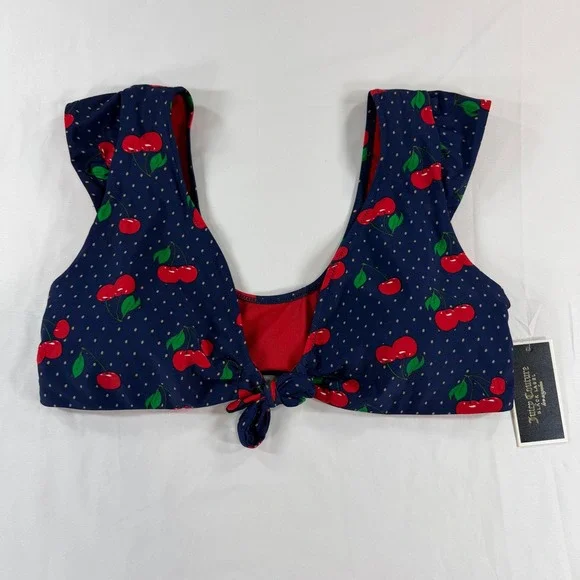 Juicy Couture Black Label Cherry Print Ruffle Bikini Top Navy Blue XL NEW