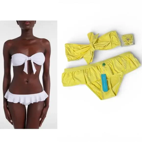 New Melissa Odabash India  Ruffle Bikini Set Bandeau Top Yellow Sz 8