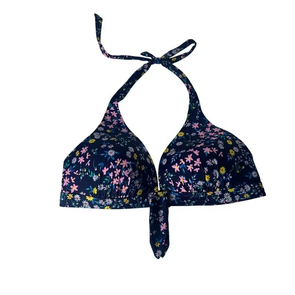Draper James RSVP Navy Floral Ditsy Garden Bow Front Halter Bikini Top XL NEW