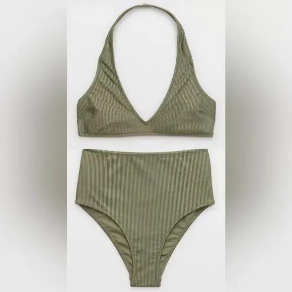 NWT Aerie FULL SET Shine Rib Halter Top + High Waisted Cheeky Bottom Olive 🫒 M