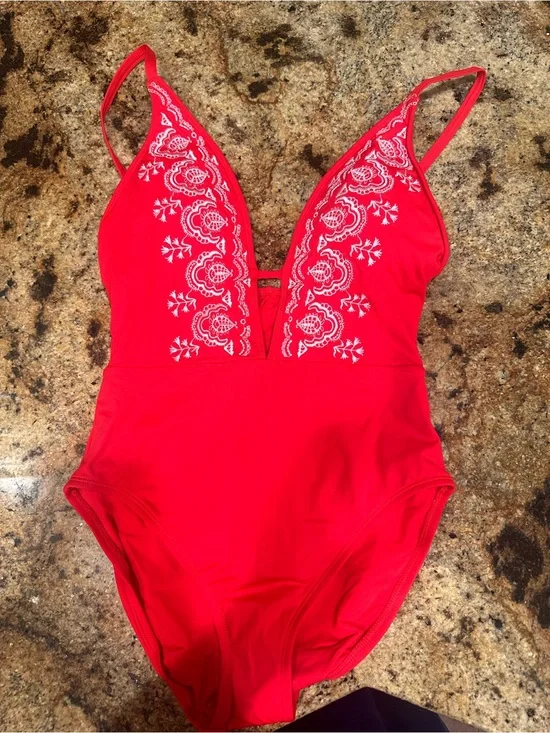 La Blanca Red One-Piece Swimsuit with White embroidery detail