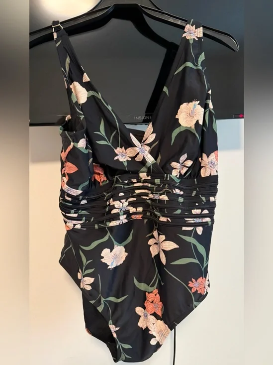 Shade & Shore Black Floral V-Neck One-Piece Swimsuit