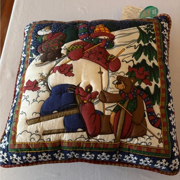 Festive Bear Skiing Holiday Pillow