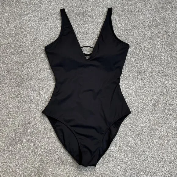 TA3 Swimsuit Womens Large Black One Piece Plunge Corset Back Hourglass Goth Sexy