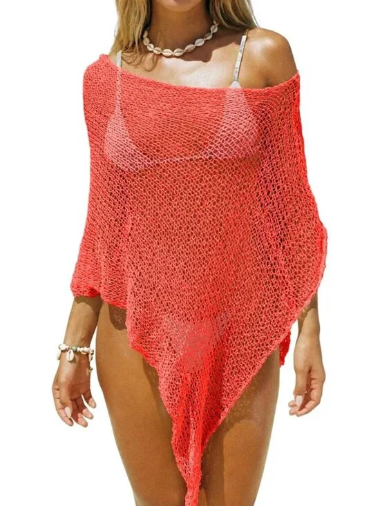 Women's Orange Red Lightweight Crochet Knit Mesh Shrug Trendy Sheer Cover Ups