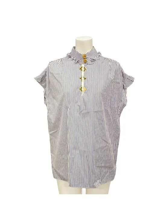 Louis Vuitton Short Sleeve Top 36 S Bu4 White Dark Brown Dark Navy Neck Stripe
