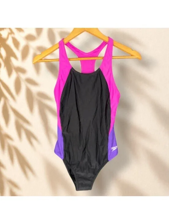 Speedo Swimsuit Women M Medium Black Colorblock Sleeveless Beach Push Up