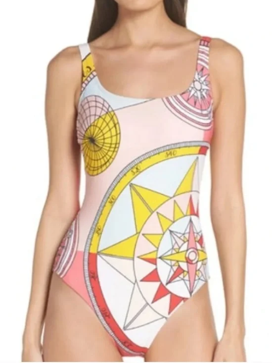 Tory Burch Constellation Compass  One Piece Swimsuit in Pink Yellow M