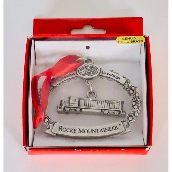 Rare VTG Rocky Mountaineer Railtours Solid Brass Train Christmas Ornament Box