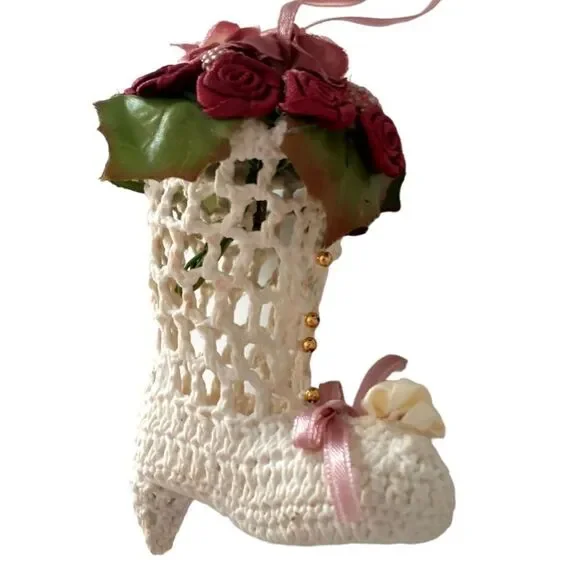 Vtg Crocheted Victorian Boot Ornament Crochet Shoe Starched Stiffened Floral 3D.