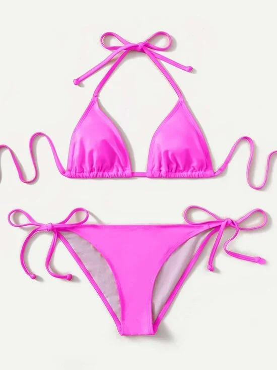 Hot Pink Cute Women's Beach Halter Triangle Bra Tie Side Bottom Bikini Set