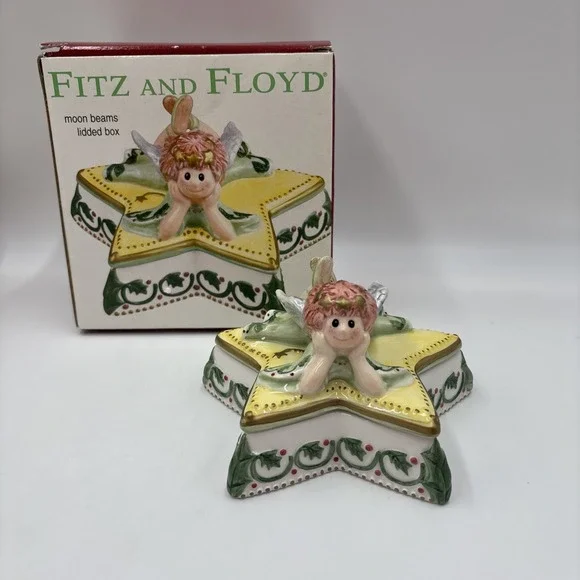 Fitz And Floyd Moonbeams Angel Lidded Trinket Box Star Shaped Holly Berry Xmas