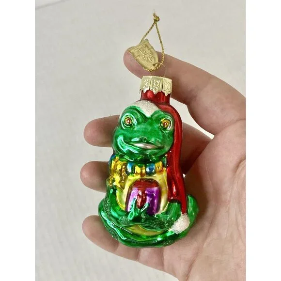 Thomas Pacconi Christmas Ornament Green Frog Santa Hat‎ Holiday Blown Glass