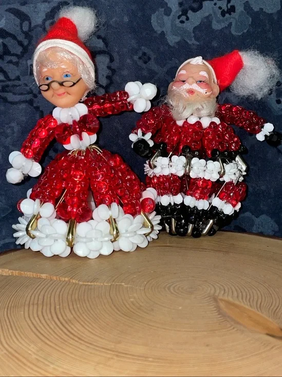 Vintage Safety Pin Beaded Santa and Mrs. Claus Ornament