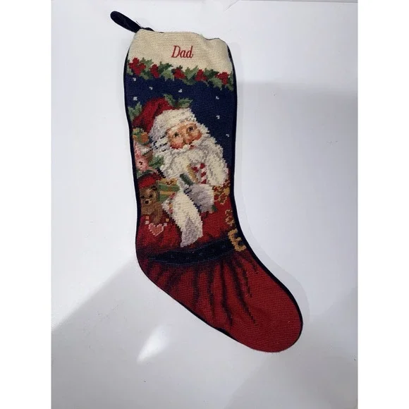 LANDS END Santa‎ Claus Vintage Needlepoint Christmas Stocking Monogrammed 