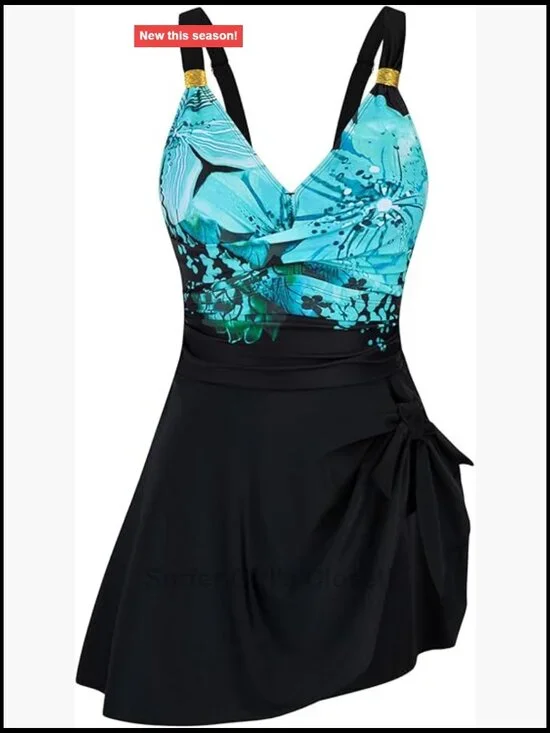 Tummy Control One Piece Swimdress with Skirt Full Coverage Adjustable Straps