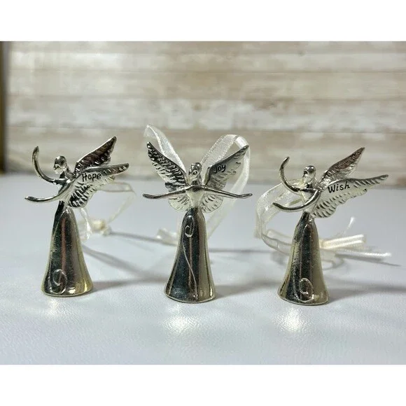 Set Of 3 Silver Tone Metallic Angel Christmas Ornaments Hope Joy Wish Decor