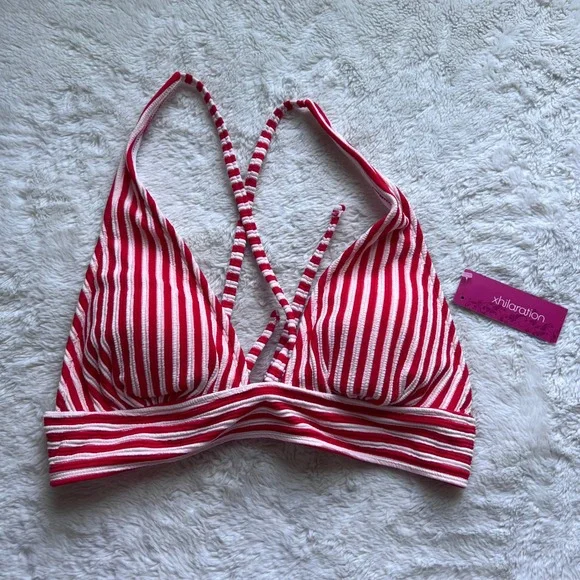 Xhilaration Red White Striped Ribbed Triangle Bikini Top Size Large L 8-10 NWT