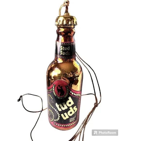 Department 56 7” Christmas Mercury Glass Ornament‎ Stud Suds Beer Bottle Lover