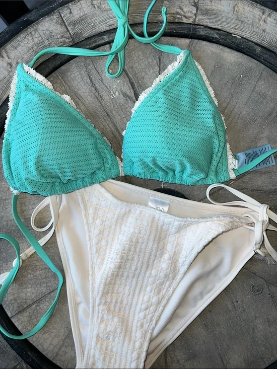 Seafoam Green & Off White Triangle Bikini Set - Women's Swim Size XL  BT B35
