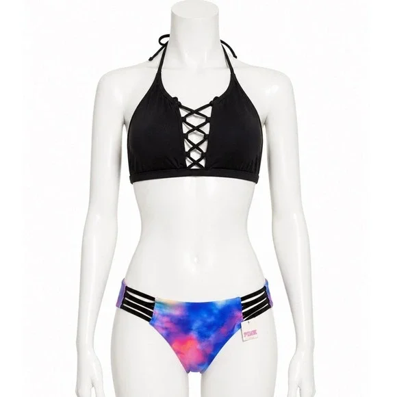 Victoria's Secret PINK Bikini Set Black Lace Up Top Tie Dye Caged Bottoms Small