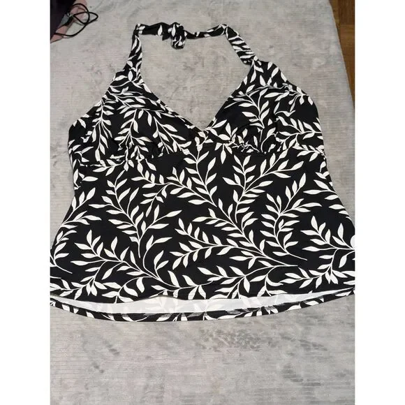 Lands End Size 18 Women's Floral Halter Tankini Top Black and White