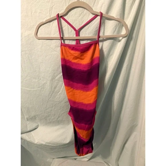 Speedo Endurance Lite One Piece Swimsuit Size 6/32 Pink Orange Purple Striped