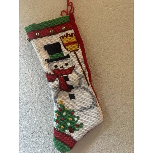 Christmas Stocking‎ Snowman Hand Hooked Large  with bells