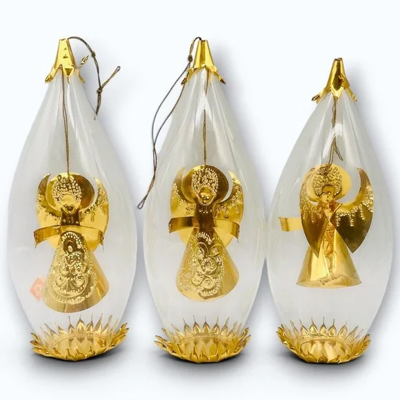 Lenz Hand Blown Glass Angel Christmas Ornaments Set‎ of 3 Gold Tone 6.5