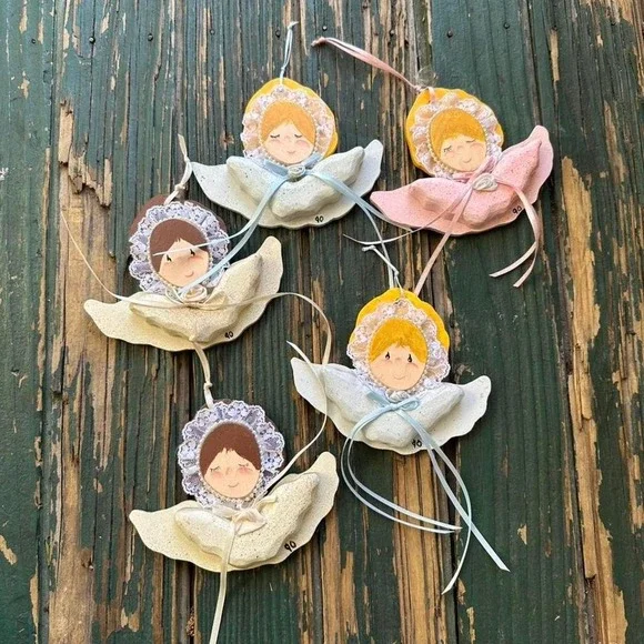 Vintage 1990‎ Handmade Dough Angel Ornaments Set of 5 Lace Pearl Cottagecore 90s