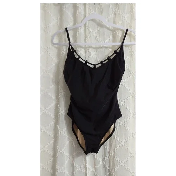 Carol Wior Vintage Black Lattice Cage Neck One Piece Swimsuit Womens Size 8 USA